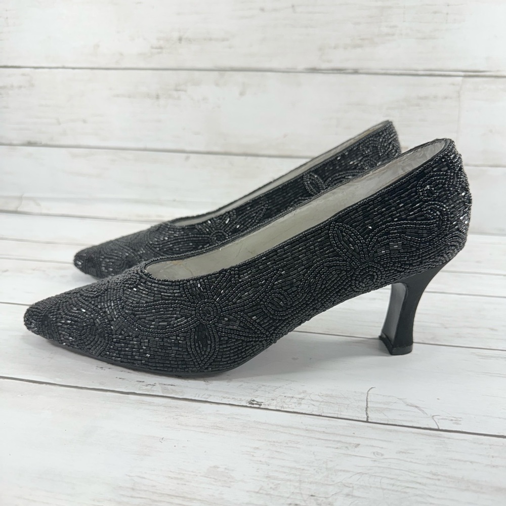 VALERIE STEVENS Tango Black Fully Beaded Pumps 9B Glam Fairygoth Formal